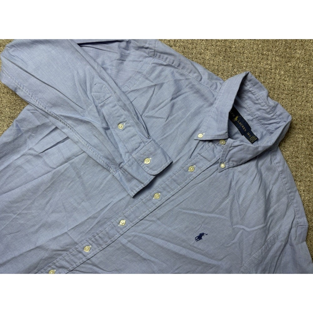 Polo Ralph Lauren Mens Large 16.5 Button Down Shirt Houndstooth Blue Cotton